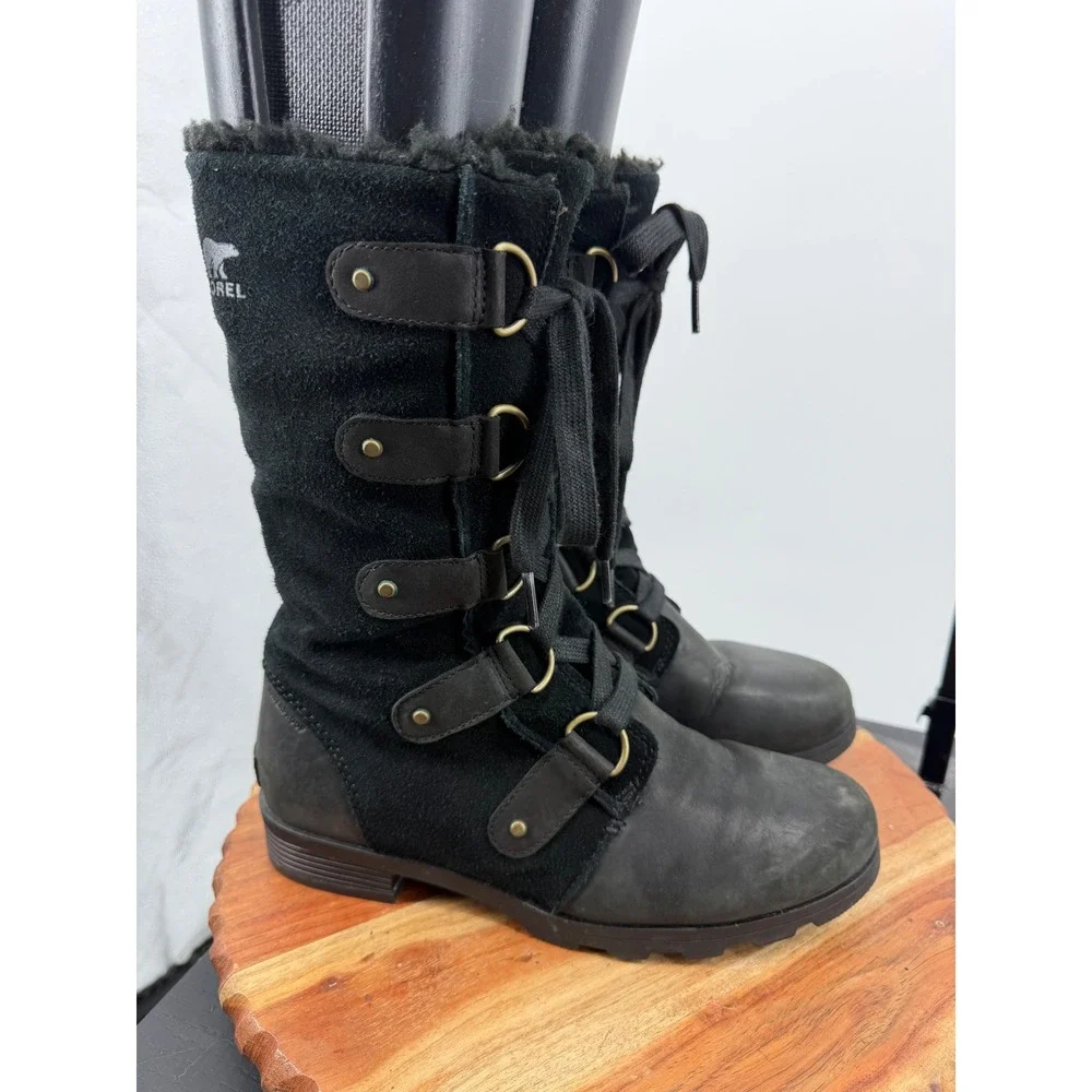 Sorel Emelie Boots Lace Up Winter Boots sz 8.5 Black Waterproof Leather NL2680
